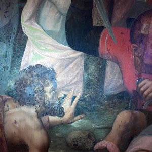 Ecole flamande: Soldats romains se battent pour un jeu de dés devant le Christ en croix, huile sur panneau, 1ère moitié du 16ème — photo 27