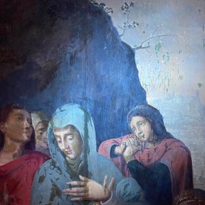 Ecole flamande: Soldats romains se battent pour un jeu de dés devant le Christ en croix, huile sur panneau, 1ère moitié du 16ème — photo 34