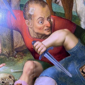Ecole flamande: Soldats romains se battent pour un jeu de dés devant le Christ en croix, huile sur panneau, 1ère moitié du 16ème — photo 49
