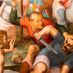 Ecole flamande: Soldats romains se battent pour un jeu de dés devant le Christ en croix, huile sur panneau, 1ère moitié du 16ème — photo 5