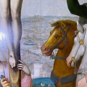 Ecole flamande: Soldats romains se battent pour un jeu de dés devant le Christ en croix, huile sur panneau, 1ère moitié du 16ème — photo 51