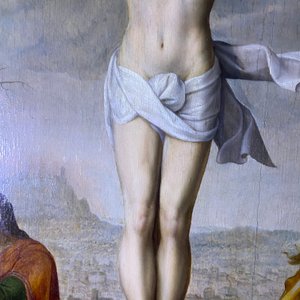 Ecole flamande: Soldats romains se battent pour un jeu de dés devant le Christ en croix, huile sur panneau, 1ère moitié du 16ème — photo 55