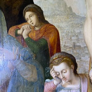 Ecole flamande: Soldats romains se battent pour un jeu de dés devant le Christ en croix, huile sur panneau, 1ère moitié du 16ème — photo 64