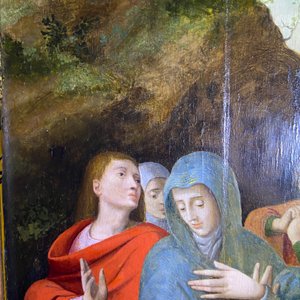 Ecole flamande: Soldats romains se battent pour un jeu de dés devant le Christ en croix, huile sur panneau, 1ère moitié du 16ème — photo 77