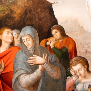 Ecole flamande: Soldats romains se battent pour un jeu de dés devant le Christ en croix, huile sur panneau, 1ère moitié du 16ème — photo 8