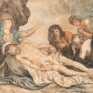Ecole flamande, suiveur d'Anthony van Dyck (1599-1641), technique mixte sur papier, 17ème: La Déploration du Christ — photo 1