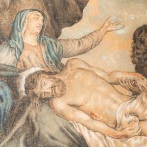 Ecole flamande, suiveur d'Anthony van Dyck (1599-1641), technique mixte sur papier, 17ème: La Déploration du Christ — photo 4