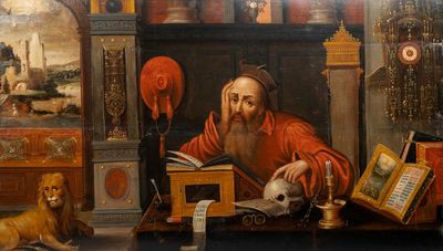 Ecole flamande, suiveur de Joos van Cleve (ca. 1485-1540), huile sur panneau, 16/17ème: Saint Jérôme dans son étude