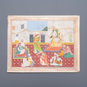 Ecole indienne, miniature: 'Entretien avec le Maharaja Ranjit Singh', pigments opaques rehaussés d'or sur papier, 19ème — photo 1