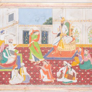 Ecole indienne, miniature: 'Entretien avec le Maharaja Ranjit Singh', pigments opaques rehaussés d'or sur papier, 19ème — photo 2