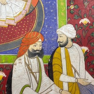 Ecole indienne, miniature: 'Entretien avec le Maharaja Ranjit Singh', pigments opaques rehaussés d'or sur papier, 19ème — photo 9
