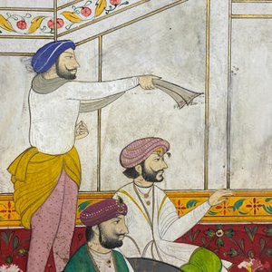 Ecole indienne, miniature: 'Entretien avec le Maharaja Ranjit Singh', pigments opaques rehaussés d'or sur papier, 19ème — photo 10