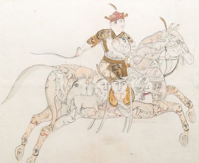 Ecole indienne, miniature: 'Guerrier sur cheval contenant des animaux et des têtes humaines'