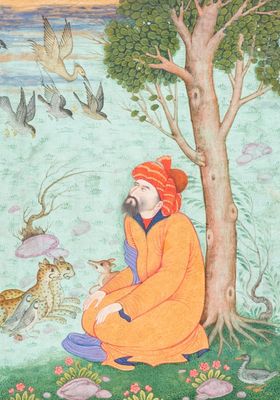 Ecole indienne, miniature: 'Homme assis entouré d'animaux'