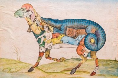 Ecole indienne, miniature: 'Mouton composé d'animaux et d'un humain'