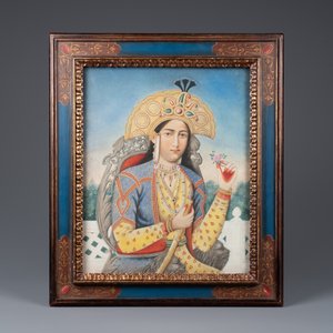 Ecole indienne: 'Portrait de la princesse Mumtaz Mahal au narguilé', gouache sur papier, 19ème — photo 2