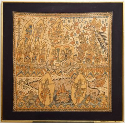 Ecole indonésienne: Une scène du Ramayana, encre et couleur sur tissu d'écorce, 19/20ème