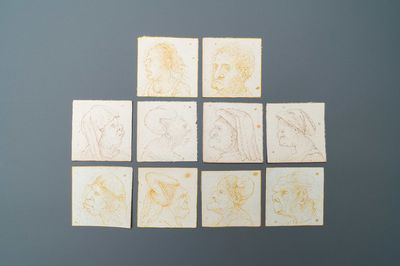 Ecole italienne, d'après Leonardo da Vinci, plume et encre brune sur papier, fin du 19ème: Dix caricatures