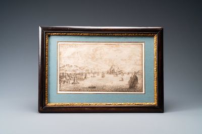 Ecole italienne, encre sur papier, 17ème: Vue sur la baie de Naples