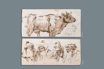 Ecole italienne, entourage de Giambattista Tiepolo, sanguine sur papier, fin du 18ème: Étude de vache et de quatre têtes d’homme aux turbans