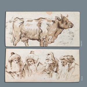 Ecole italienne, entourage de Giambattista Tiepolo, sanguine sur papier, fin du 18ème: Étude de vache et de quatre têtes d’homme aux turbans — photo 1
