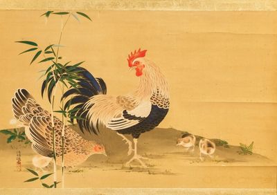Ecole japonaise: Coq, poule et poussins, aquarelle et encre sur papier, monté en rouleau, Meiji, 19ème
