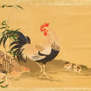 Ecole japonaise: Coq, poule et poussins, aquarelle et encre sur papier, monté en rouleau, Meiji, 19ème — photo 1