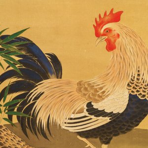 Ecole japonaise: Coq, poule et poussins, aquarelle et encre sur papier, monté en rouleau, Meiji, 19ème — photo 3
