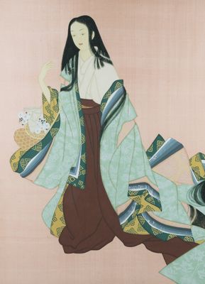 Ecole japonaise, suiveur d'Uemura Shoen (1875-1949) : 'Jeune femme au panier de fleurs', Showa, 20ème