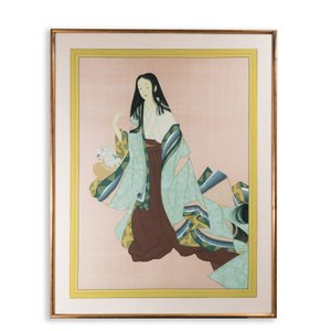 Ecole japonaise, suiveur d'Uemura Shoen (1875-1949) : 'Jeune femme au panier de fleurs', Showa, 20ème — photo 2