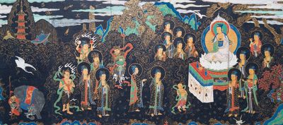 Ecole japonaise: 'Un chapitre du Sutra du Lotus', encre, couleurs et dorure sur papier, Edo/Meiji, 18/19ème