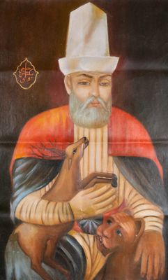 Ecole persane: Haci Bektas Veli au cerf et lion, huile sur toile, 20ème