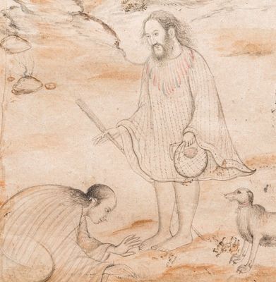 Ecole persane, miniature d'après Rizza Abassi: 'Deux personnages et un chien dans un paysage'