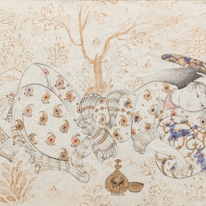 Ecole persane, miniature d'après Rizza Abassi: 'Femme au repos dans un jardin' — photo 1