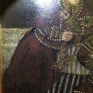 Ecole qajar, huile sur toile en forme d'arche: Les servantes de Zulaykha se mutilent en présence de Yusuf, Iran, 19ème — photo 27