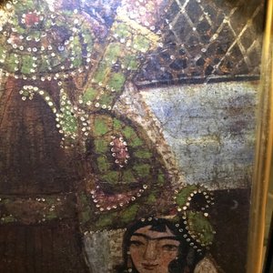 Ecole qajar, huile sur toile en forme d'arche: Les servantes de Zulaykha se mutilent en présence de Yusuf, Iran, 19ème — photo 32