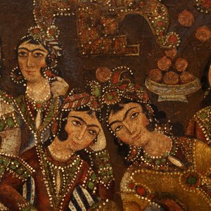 Ecole qajar, huile sur toile en forme d'arche: Les servantes de Zulaykha se mutilent en présence de Yusuf, Iran, 19ème — photo 4