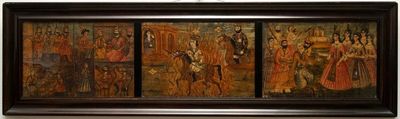 Ecole qajar: Triptyque d'une parade d'un prince, huile sur panneau, Iran, 19ème