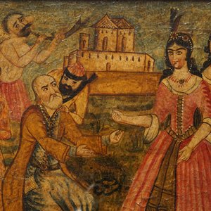 Ecole qajar: Triptyque d'une parade d'un prince, huile sur panneau, Iran, 19ème — photo 4