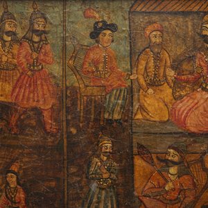 Ecole qajar: Triptyque d'une parade d'un prince, huile sur panneau, Iran, 19ème — photo 2