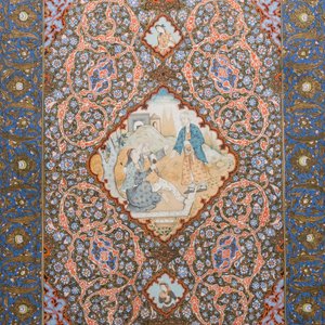 Ecole qajare, miniature: 'Couple au mendiant', pigments opaques rehaussés d'or sur papier, 19ème — photo 1