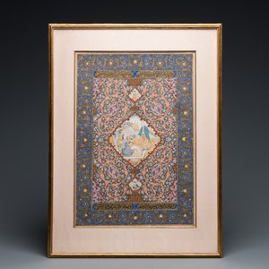 Ecole qajare, miniature: 'Couple au mendiant', pigments opaques rehaussés d'or sur papier, 19ème — photo 2