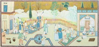 Ecole safavide, Iran, 19/20ème, huile et encre sur toile: 'Une vue d'une cérémonie à la cour'