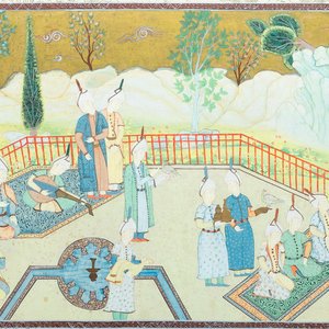 Ecole safavide, Iran, 19/20ème, huile et encre sur toile: 'Une vue d'une cérémonie à la cour' — photo 1