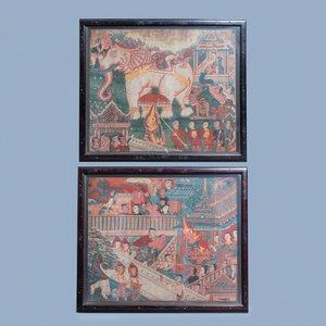 Ecole thaïlandaise, encre et couleurs sur toile: 'Deux scènes votives', 19ème — photo 1