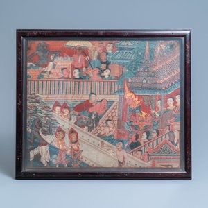 Ecole thaïlandaise, encre et couleurs sur toile: 'Deux scènes votives', 19ème — photo 2