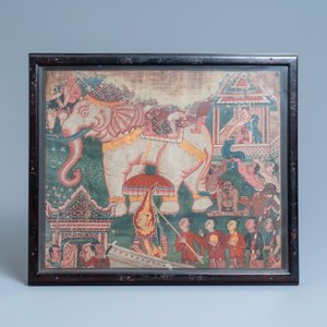 Ecole thaïlandaise, encre et couleurs sur toile: 'Deux scènes votives', 19ème — photo 3