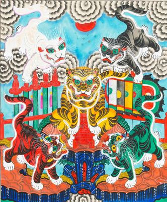 Ecole vietnamienne, encre et couleurs sur papier, 19/20ème: 'Une paire d'oeuvres à cinq tigres'