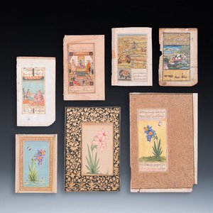 Ecoles indiennes et persanes: sept miniatures aux sujets figuratifs et floraux sur pages de Coran, 19/20ème — photo 1