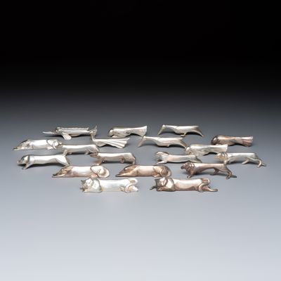 Édouard-Marcel Sandoz (1881–1971) for Maison Gallia, a set of 18 Art Deco silver-plated animal-form knife rests, ca. 1930